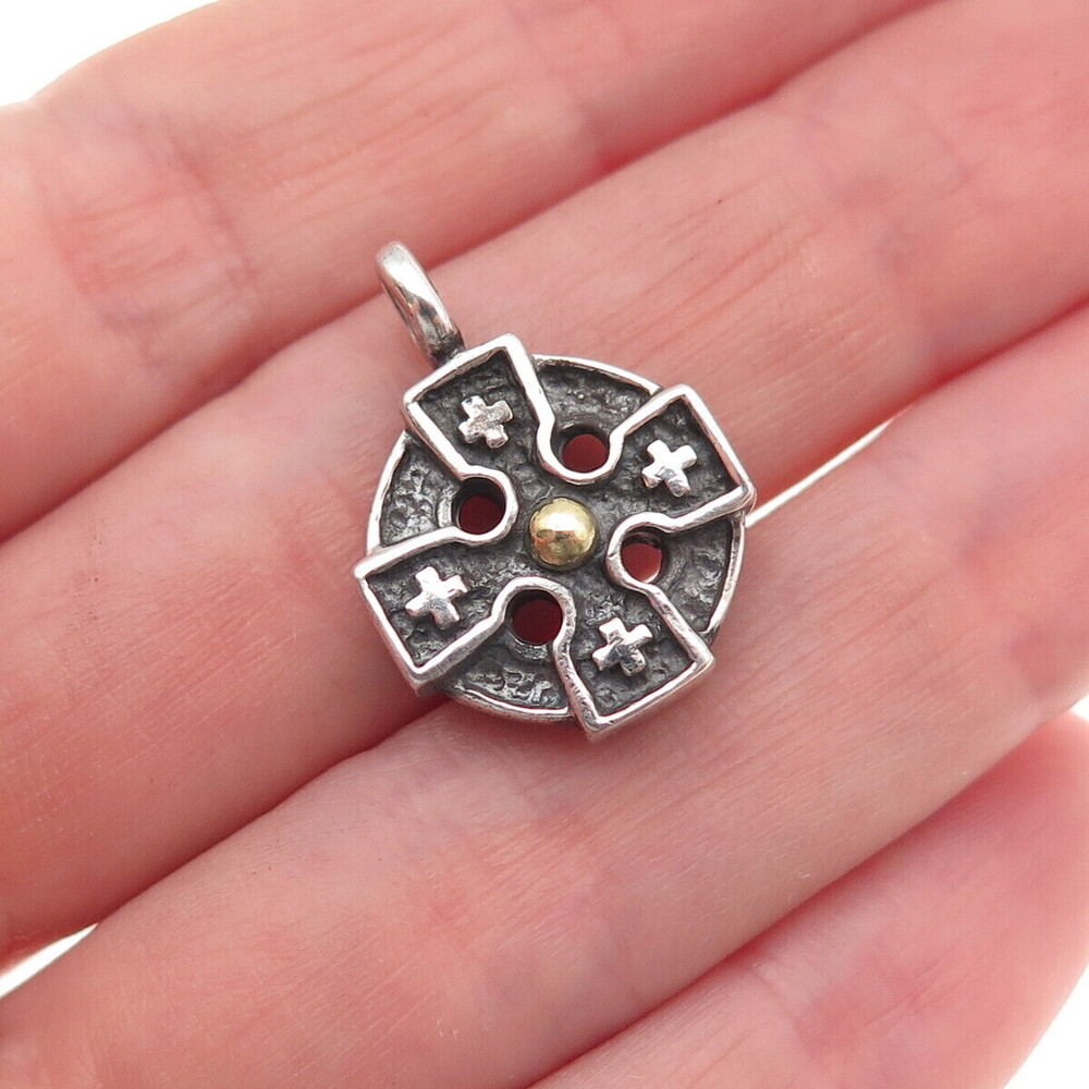 925 Sterling Silver 14K Gold Vintage Cross Oxidized Mini Charm Pendant
